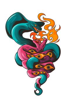Tattoo with snakes and eyes. Dangerous serpents