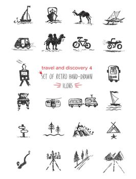 Hand-drawn sketch travel and vacation icon collection, different transportation and direction indicators. Black on white background