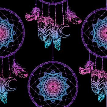 Hand drawn Native American Indian talisman dreamcatcher with feathers and moon. Seamless pattern. Vector hipster illustration. Ethnic design, boho chic, tribal symbol.
