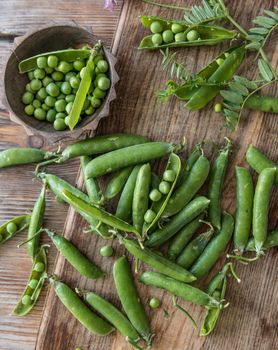 Fresh green peas right from a garden, topview