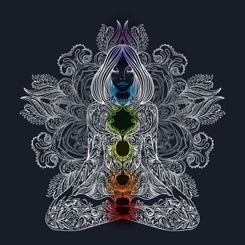 Woman ornate silhouette sitting in lotus pose. Meditation, aura and chakras