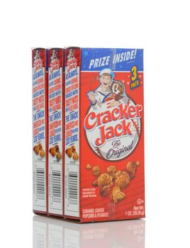 Three pack of Cracker Jack snack consisting of molasses flavored, candy coated, popcorn and peanuts