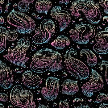 Magical paisley seamless pattern. Hand-drawn vector illustration. Trendy magic print, alchemy, mystery, divine goddess, spirituality, occultism.
