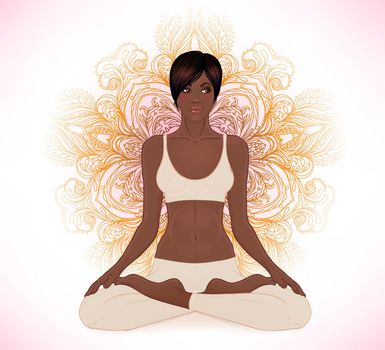 Beautiful African American Girl sitting in Lotus pose with ornate mandala on background. Vector illustration. Spa consent, yoga studio
