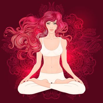Beautiful Caucasian Girl with long curly red hair sitting in Lotus pose with ornate mandala on background. Vector illustration. Spa consent, yoga studio, or natural medicine clinic