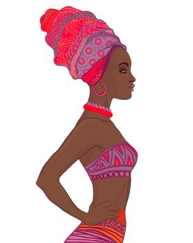 Portrait of beautiful African American woman in turban and sexy bandage dress