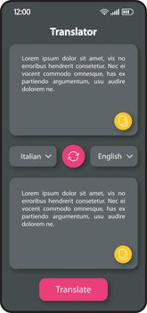Translator software smartphone interface vector template. Mobile app page color design layout. Text translation screen. Flat UI for application. Choosing foreign language phone display