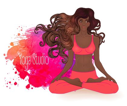 Beautiful African American Girl sitting in Lotus pose with ornate mandala on background. Vector illustration. Spa consent, yoga studio