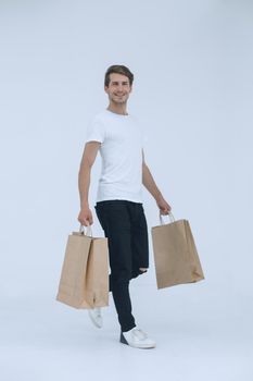 man carries out purchases isolated background