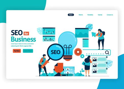 vector illustration website for marketing optimization with SEO. online advertising with keywords in search engines for target market, ads services, social media. landing page, banner, mobile apps