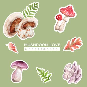 Sticker template with mushroom and forest plants concept,watercolor style