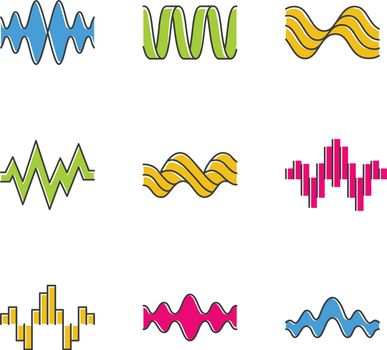 Sound waves color icons set. Music rhythm, heart pulse. Audio waves, sound recording and radio signals logotype. Digital waveforms, abstract soundwaves, amplitude. Isolated vector illustrations