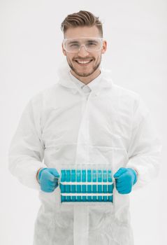scientist biologist holding container with tubes