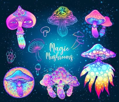 Magic mushrooms over sacred geometry. Psychedelic hallucination. Vibrant vector illustration.