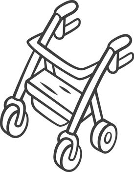 Rollator walker chalk linear icon. Mobility aid device for physically disabled people. Wheel walker equipment. Thin line illustration. Contour symbol. Vector isolated outline drawing. Editable stroke