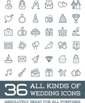 All Kinds of Wedding Marriage or Bridal Icons Set Vector
