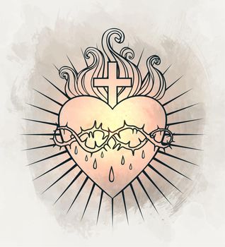 Sacred Heart of Jesus. Vector illustration black isolated on white. Trendy Vintage style element. Spirituality, occultism, alchemy, magic, love. Coloring book for adults.