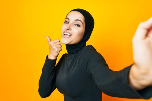 Muslim fun ethnicity model posing emotions studio lifestyle