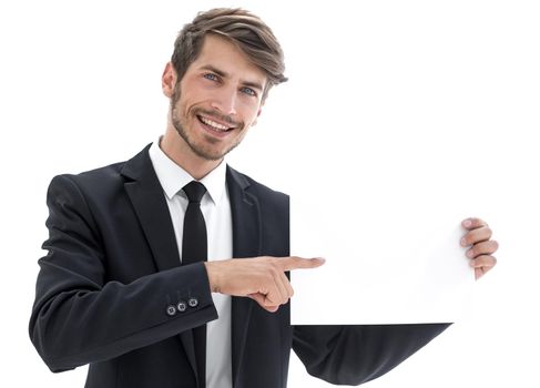businessman holding empty white placard showing copy space