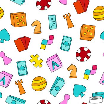 Board game themed seamless pattern. Colorful cartoon game pieces, playing cards