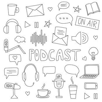 Podcast show. Hand drawn cartoon illustration with different podcast elements.