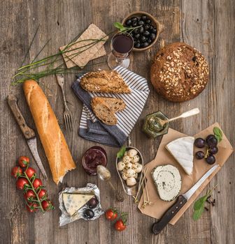 French snacks on a wooden background