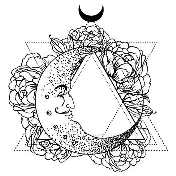 Blackwork tattoo flash. Crescent moon, peony flower, sacred geometry. Vector illustration isolated. Tattoo design, mystic symbol. New school dotwork. Print, posters, t-shirt, textiles