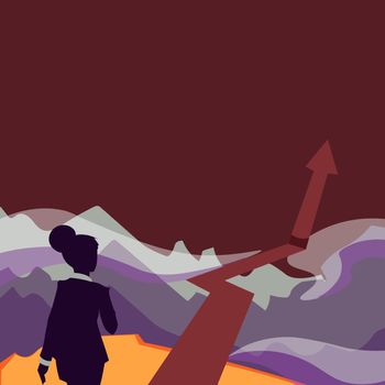 Lady Walking Towards Mountains With An Arrow Marking Success. Business Woman Marching Towards Her Accomplishment With A Large Mark For The Hills.