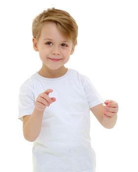 Emotional little boy in a pure white t-shirt.