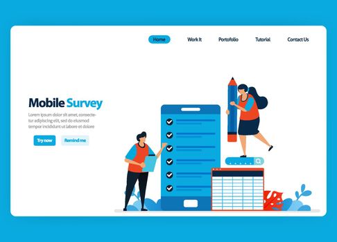 Landing page design for online survey and exam, reviewing customer satisfaction and user rating with mobile survey apps. Flat illustration for template, ui ux, website, mobile app, flyer, brochure
