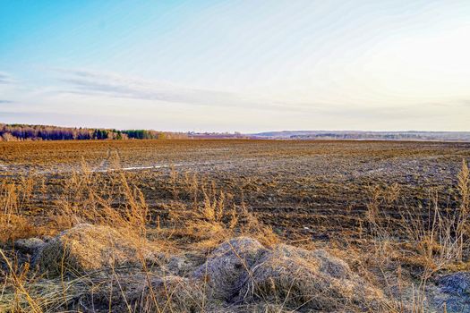 Plowed field in early spring in Russia.