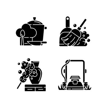 Household chores black glyph icons set on white space