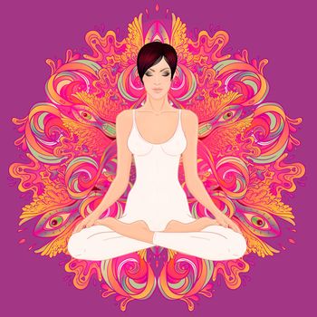 Beautiful Caucasian Brunette Girl sitting in Lotus pose with ornate mandala on background. Vector illustration. Spa consent, yoga studio.