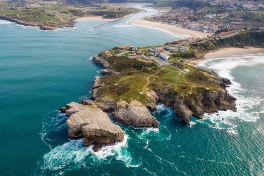 Aerial view of a scenic coastline landscape in Suances, Cantabria, Spain.
