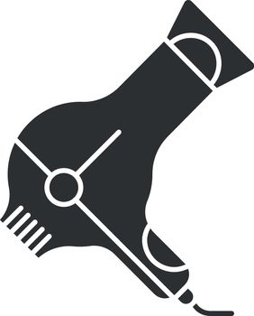 Hair dryer glyph icon. Blow dryer with concentrator nozzle. Electric hot air hairstyling device. Professional barber appliance. Silhouette symbol. Negative space. Vector isolated illustration