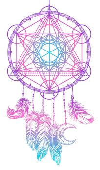 Native American Indian talisman dream catcher with Metatrons Cube, Flower of life, feathers, moon. Vector hipster illustration isolated on white. Ethnic design, boho, dreamcatcher.