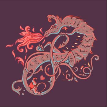 Mythological magic beast Basilisk, legendary bizarre creature in medieval style. Dragon, burning flame. Vector illustration.