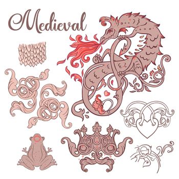 Medieval style elements set. Mythological magic beast Basilisk, legendary bizarre creature. Decorative design. Vector illustration.