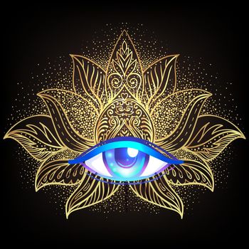 Sacred geometry symbol with all seeing eye over in gold. Mystic, alchemy, occult concept. Design for indie music cover, t-shirt print, psychedelic poster, flyer.