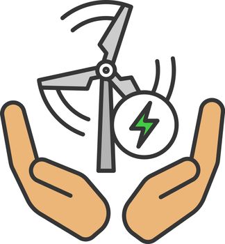 Wind energy turbine in hands color icon
