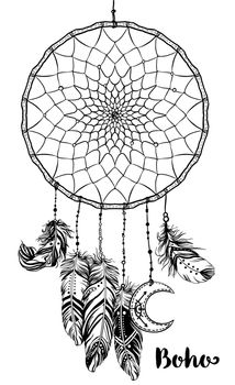 Hand drawn clip art of Native American Indian talisman dream catcher adorned with feathers and moon symbol. Vector illustration isolated on white. Lineart.