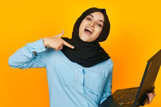 Muslim laptop posing technology internet ethnicity model