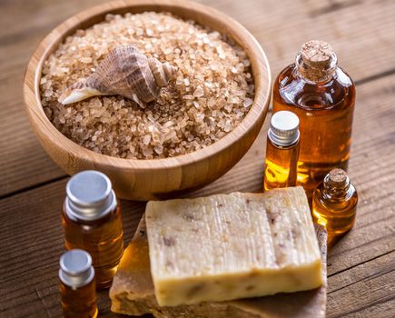 Spa accessories with salt, soap and essential oil