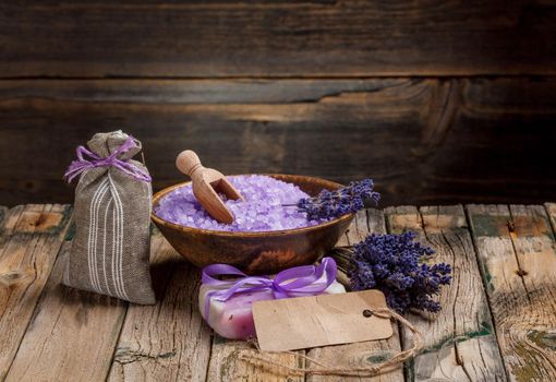 Spa concept, lavender soap, sachet and bath salt