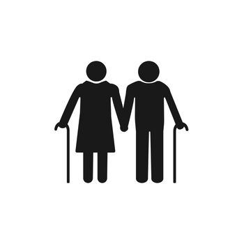 Old woman, man with a cane. Grey on white background. Flat design. Vector illustration.