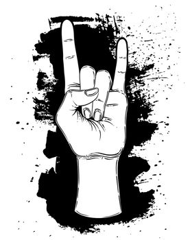 Rock and roll sign. Hand drawn illustration of human hand showing sign of the horns.