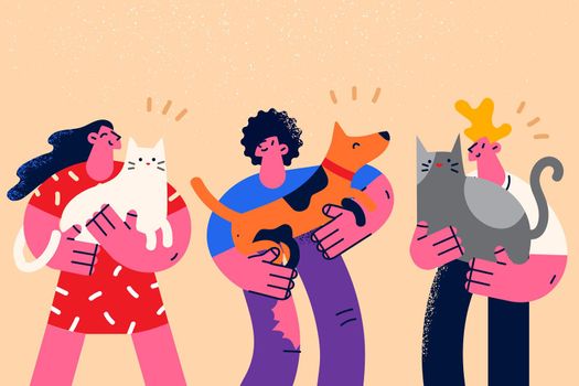 Happy diverse people hold in arms cats and dogs show love and care. Smiling men and women with domestic pets. Saving animal from shelter. Human and puppy friendship. Flat vector illustration.