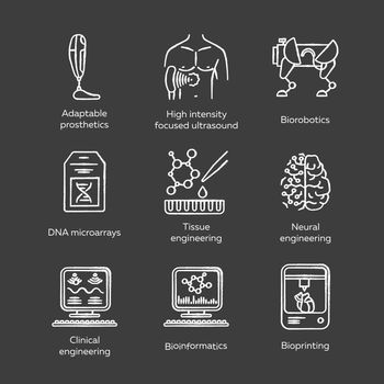 Bioengineering chalk icons set. Biotechnology for human health and comfortable life. Molecular biology, biomedical and molecular engineering, bioinformatics. Isolated vector chalkboard illustrations