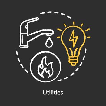 Household utilities chalk concept icon. Public housing services, water, electricity, power supply idea. Natural gas, apartment heating system. Vector isolated chalkboard illustration