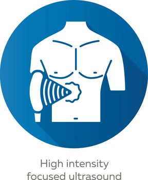 High intensity focused ultrasound blue flat design long shadow glyph icon. HIFU. Non-invasive therapeutic technique. Treatment by ultrasonic waves. Destroying tissue. Vector silhouette illustration